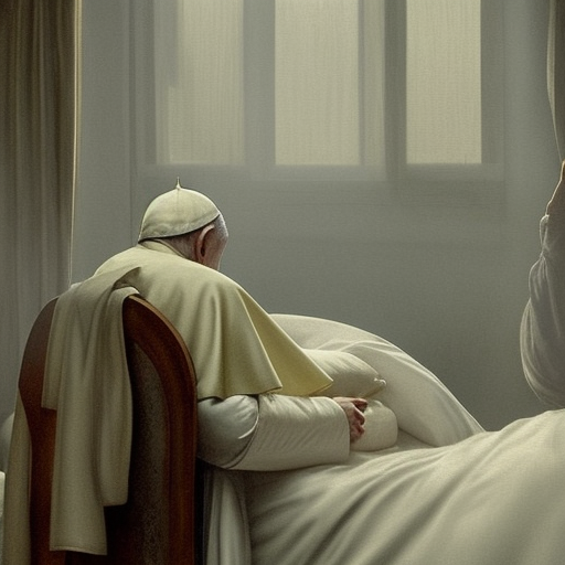 the pope is in his bed with a shadow demon from hell lingering beside the bed looking at him greedily, nervous and terrified, hyperdetailed, high quality photorealistic painting by ben templesmith, j. c. leyendecker, greg rutkowski, craig mullins, uhd 8k,sharp focus, 
golden ratio,  illustration high quality