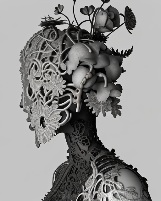 monochrome 3 d model, 1 9 3 0 picture, floral steampunk biomechanical beautiful young female cyborg with porcelain profile face and a techno eye, volumetric light, leaves foliage and stems, hibiscus flowers, boho vines, sinuous fine roots, fine foliage lace, alexander mcqueen, rim light, big gothic fashion pearl embroidered collar, octane render, 8 k