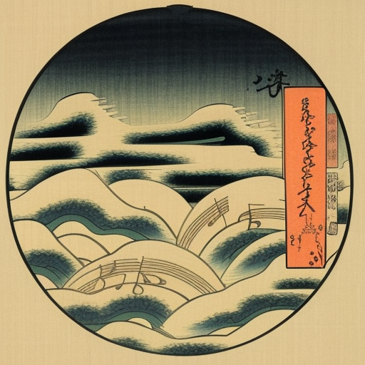 music sound waves in the air in japanese style Ukiyo-e Japanese woodblock