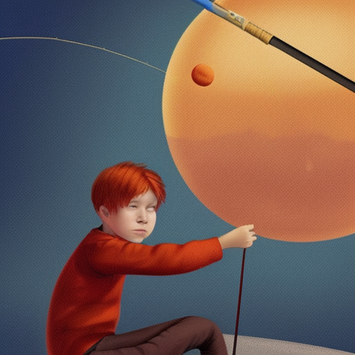 Make a digital art of a red-haired boy sitting on some saturn rings, holding a fishing rod, he is fishing for several moons.