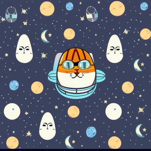 Astronaut Cat: A cute 2D vector design featuring a cat wearing an astronaut helmet, floating in space with stars and planets around it.