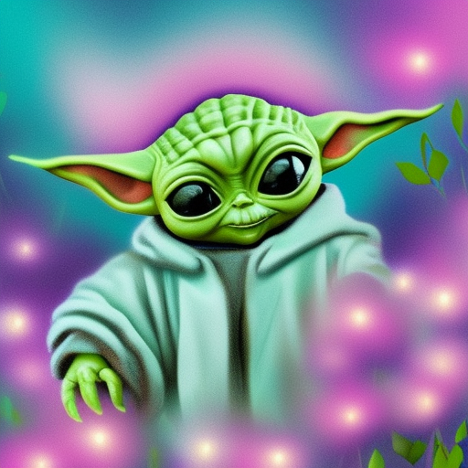baby yoda surrounded by teal luminous flowers, in forest, at night, warm pink and purple lighting, digital art, trending on artstation, HDR