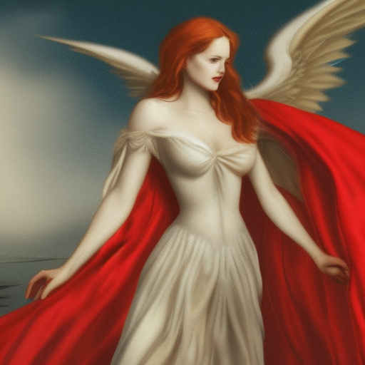 no dress woman, redhead, long hair, standing on shell, full body, angel to the left with dark wings, woman to the right with white dress and red cape