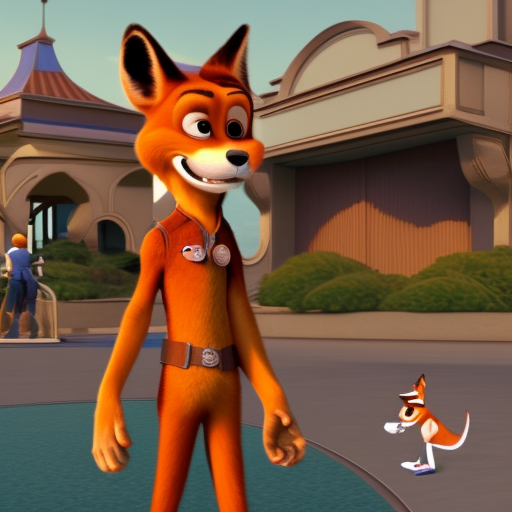 a Nick Wilde with russian t-short in front office of the Dubai and sunset photorealistic