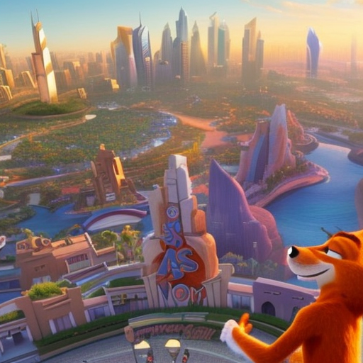 a Nick Wilde Zootopia in front office of the Dubai and sunset