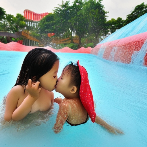 two Little melayu girl kissing in water park 