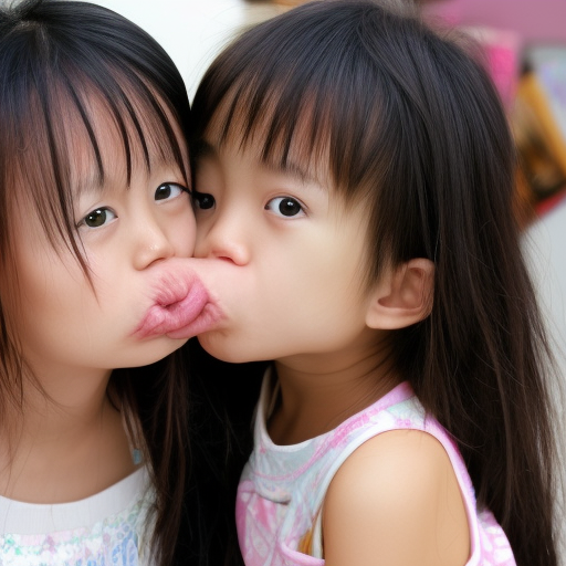 two sisters asian girl kissing 