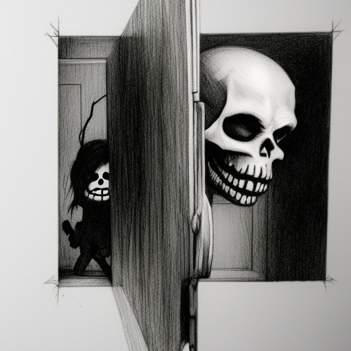 Skeleton in the closet engraving scary black and white pencil illustration high quality by Craig Davison 