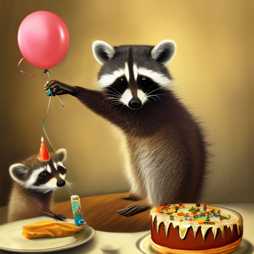 a raccoon party with balloons, celebrating, eating, extremely happy raccoons, birthday painting, elegant intricate digital painting artstation concept art by mark brooks and brad kunkle detailed