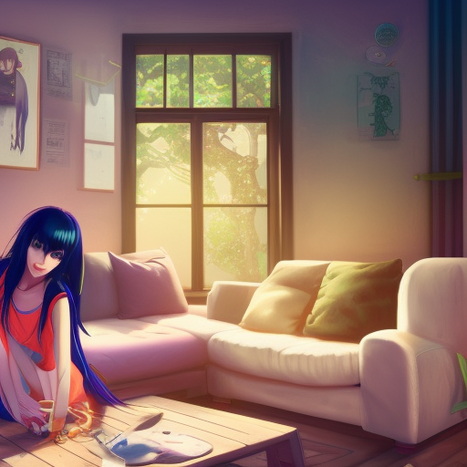A beautiful girl with long black hair and bangs, playing in the living room of a house, 4k, digital art, unreal engine, pixiv, shutterstock, trending on artstation, highly detailed, neon colours, illustration, Makoto Shinkai and Studio Ghibli style