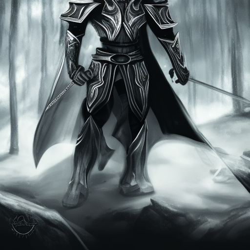 Knight wearing a cape, black and white armor holding an energy sword in his left hand, forest background, ultra detailed, aura of power, ultra realistic, 8k