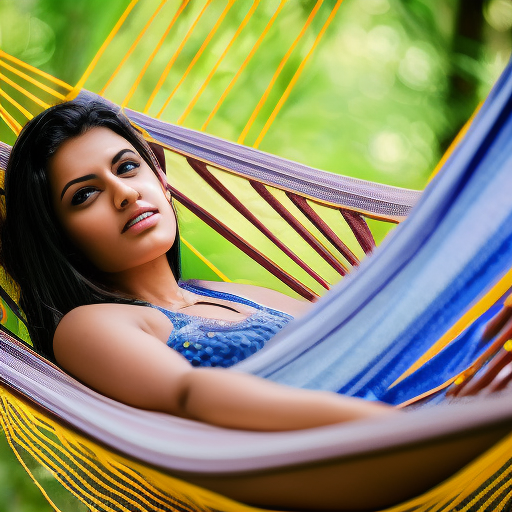 brunette woman, indian appearance, lying in a hammock, wearing a belt ultra-realistic portrait cinematic lighting 80mm lens, 8k, photography bokeh