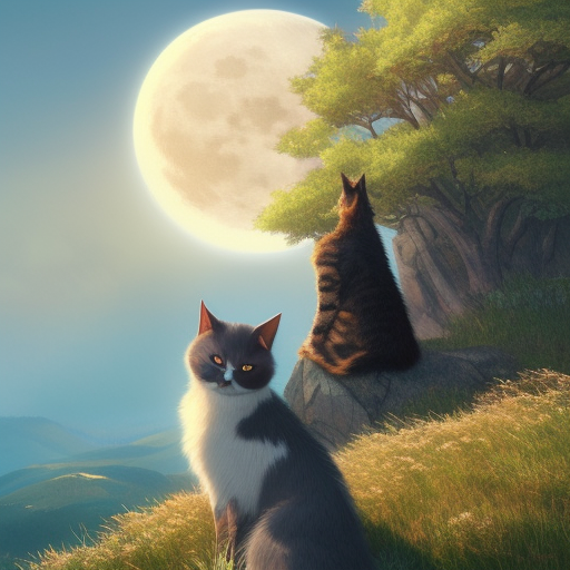 a highly detailed matte painting of a cat on a hill watching eclipse of moon in the distance by studio ghibli, makoto shinkai, by artgerm, by wlop, by greg rutkowski, volumetric lighting, octane render, 8 k resolution, trending on artstation, masterpiece