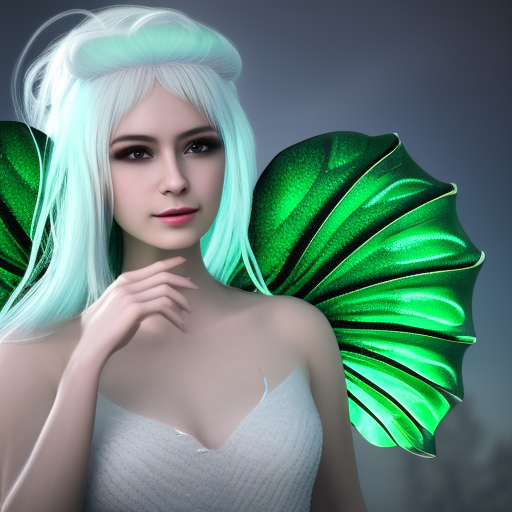 fairy with white hair, green dress, crystal wing, magic forest, masterpiece, intricate, wallpaper, 4k, concept art, realistic, ultra-realistic portrait cinematic lighting 80mm lens, 8k, photography bokeh