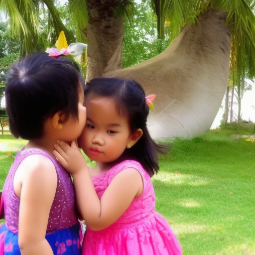 two Little malay girl kissing in children show 