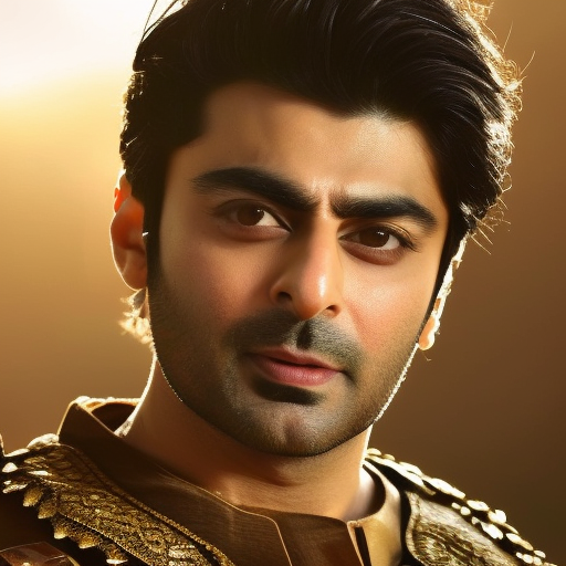 FAWAD KHAN in warrior costume in golden hour with golden background, close face