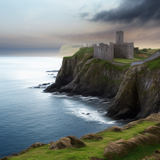 2 medieval warriors ::0.4 travelling on a cliff to a background castle , view of a coast line landscape , English coastline, Irish coastline, scottish coastline, perspective, folklore, King Arthur, Lord of the Rings, Game of Thrones. Photographic, Photography, photorealistic, concept art, Artstation trending , cinematic lighting, cinematic composition, rule of thirds , ultra-detailed, dusk sky , low contrast, natural lighting, fog, realistic, light fogged, detailed, atmosphere hyperrealistic , volumetric light, ultra photoreal, | 35mm| , Matte painting, movie concept art, hyper-detailed, insanely detailed, corona render, octane render, 8k, --ar 3:1 --no blur