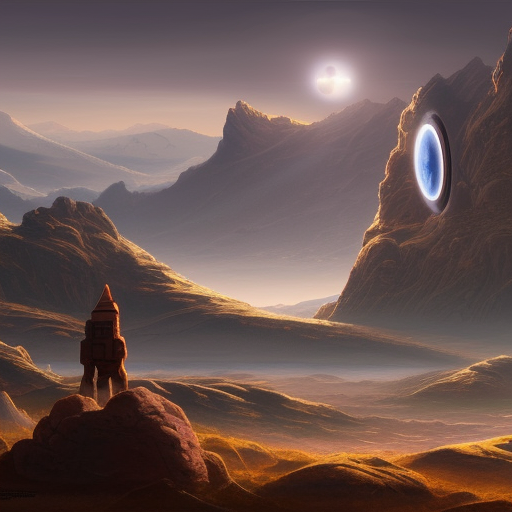 a beautiful highly detailed matte painting with a character looking at an alien planet with giant floating orb in the center in a desolate valley by Jose Daniel Cabrera Pena and Leonid Kozienko, Noah Bradley concept art