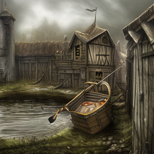 dark medieval river lock, Warhammer fantasy, summer, crates, fishing, boat, poor, black adder, muddy, puddles, misty, overcast, Dark, creepy, grim-dark, gritty, detailed, realistic, illustration, high definition