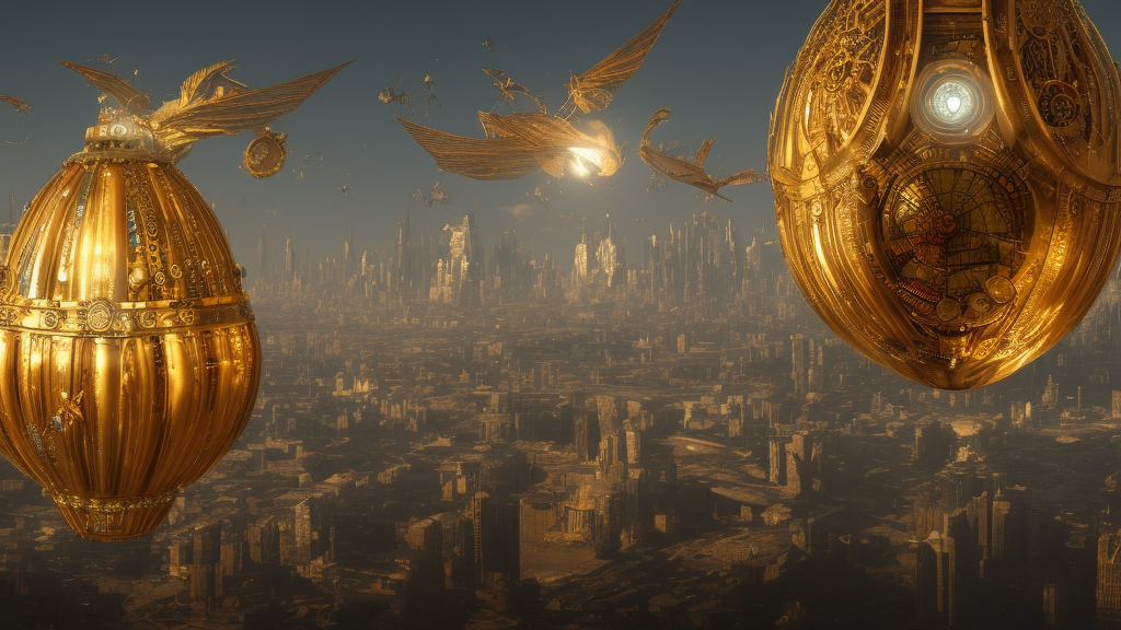 enormous flying city in a faberge egg, sky, steampunk, fantasy art, masterpiece, octane render