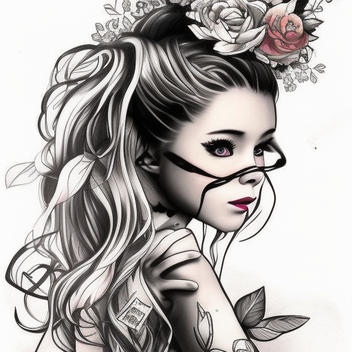 tattoo design, stencil, tattoo stencil, traditional, beautiful portrait of a Belle Delphine with flowers in her hair, upper body, by artgerm, artgerm, artgerm, digital art, cat girl, anime eyes, anime, sexy-s 100