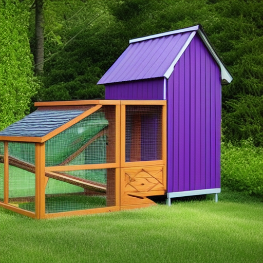 beautiful chicken coop, modern, made of purple wood, glass windows,elevated, surrounded by lush forest, realistic