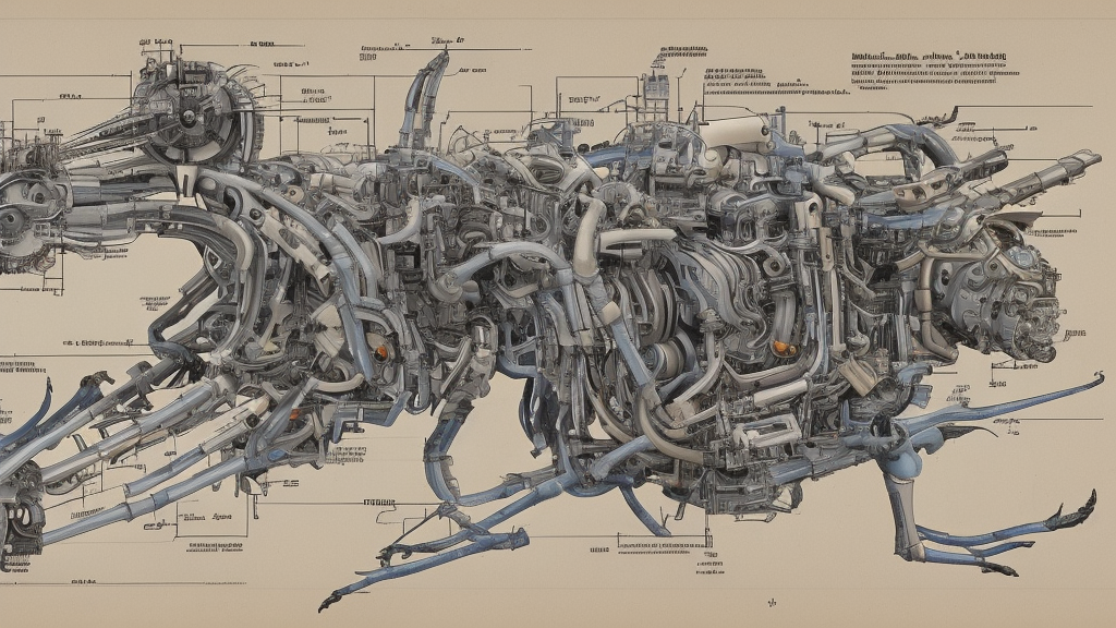 a full page of a mechanical blueprint showing a cutaway design for a mechanized six legged wolf from howl's moving castle ( 2 0 0 4 ), with a big head, muted colors, post grunge, studio ghibli, hq,
