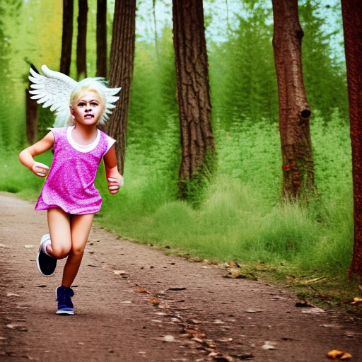 Blonde angel girl running in the wood 