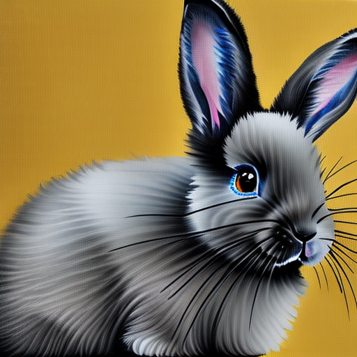cute and fluffy black rabbit with big ears from brush strokes of yellow and blue paint, portrait