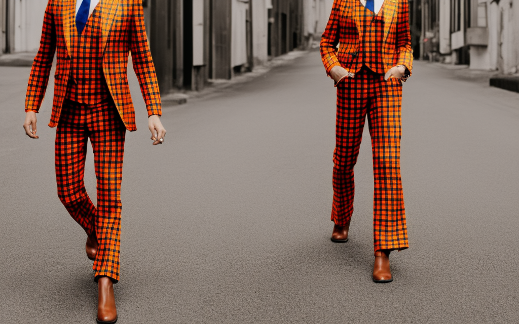 very realistic full body fashion model from head to toe dressed in orange plaid suit with flares, fadora hat and a large collar 
