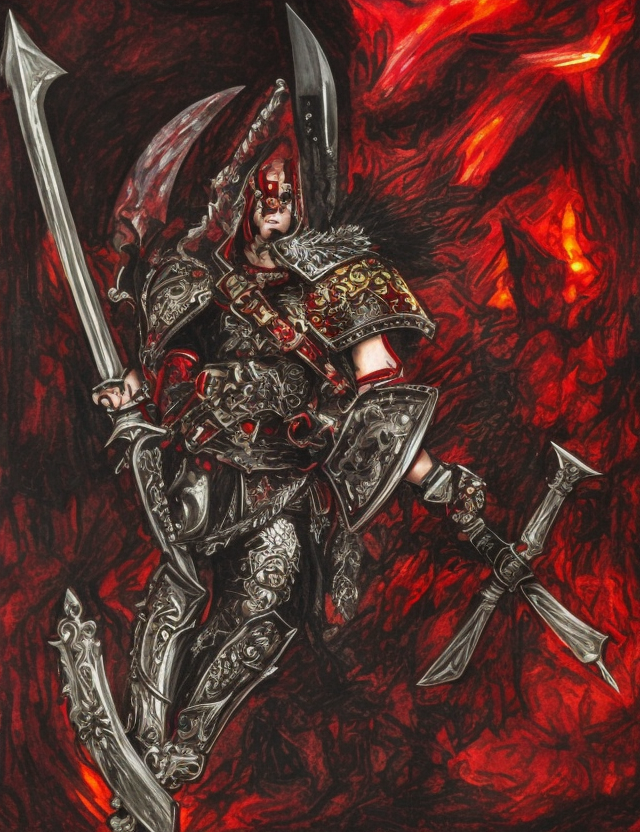 stained glass, a young aggressive evil demonic gladiator with a big demonic sword, hellfire on a background, Warhammer fantasy, black and red, grim-dark, detailed