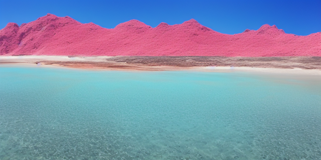 a beautiful landscape photo of a beach with blue sand, pink water, and a bright yellow mountain range