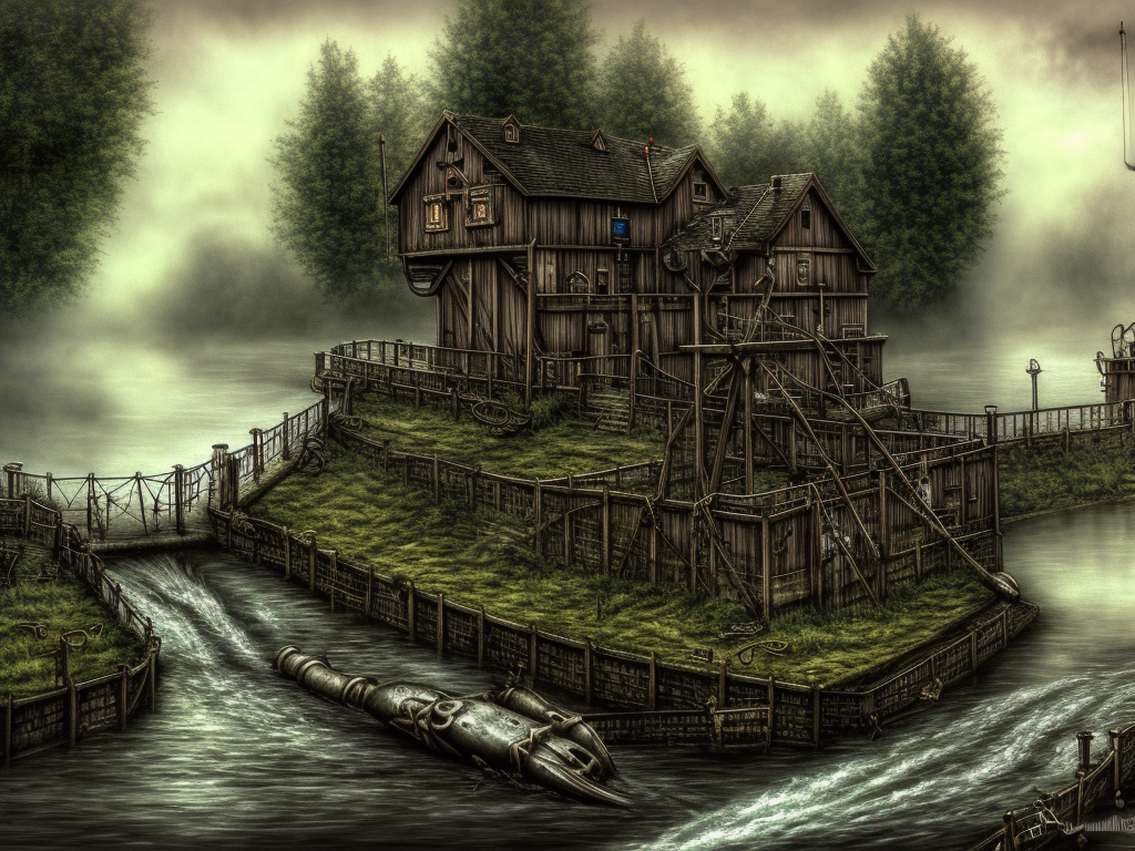 HDR, dark medieval, wide river lock with sluice, wide rapid river, lockhouse, Warhammer fantasy, summer, trees, fishing, nets, misty, overcast, Dark, creepy, grim-dark, gritty, Yuri Hill, hyperdetailed, realistic, illustration, oil on canvas
