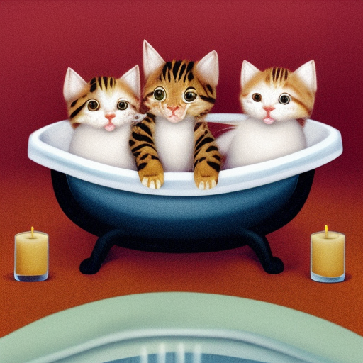 Three happy kittens in a bubble bathtub with candlesticks 