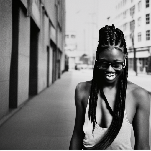 African American woman with long braids and white undershirt, drunk, stumbling around city streets laughing hysterically, 16mm black and white film