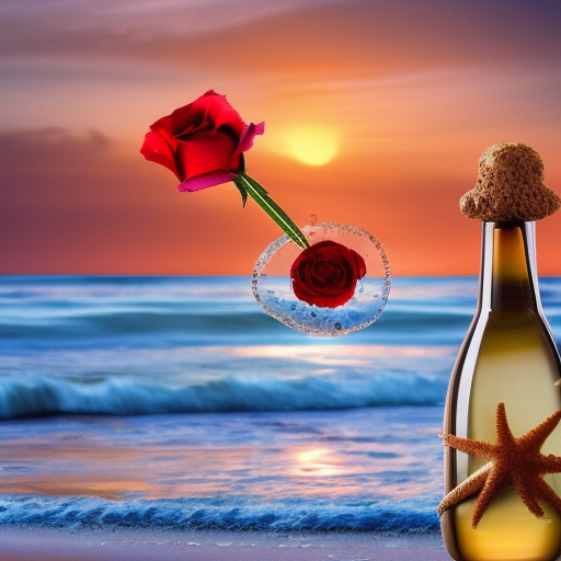 soap bubbles fly around in the sky 7b front of a red rose in a glass bottle on the beach, in the background blue sea with big waves at a mystical radiant sunset