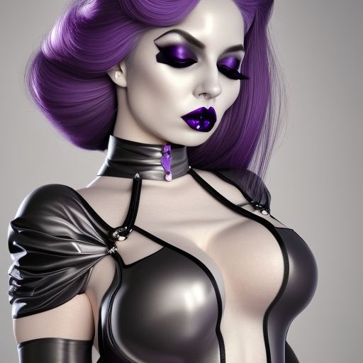 portrait of a curvy feminine hot pale goth woman with elaborate, elegant, tight silver nylon, latex and silk outfit, black lipstick and purple makeup, cgsociety, realistic, highly detailed, attractive, 16k, smooth, sharp focus, trending on ArtStation, hyperdetailed, volumetric lighting