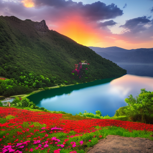 flower on the mountain, a lake in the valley, mystical sunset in the background