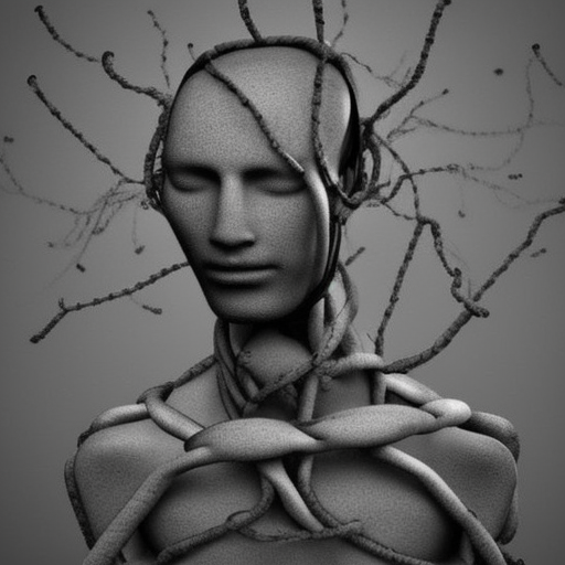 A humanoid Face with a complex intertwined network of emotions such as loneliness and isolation, anxiety, heavy thinking, Aggressiveness, Sorrow that's a heavy burden for the person.