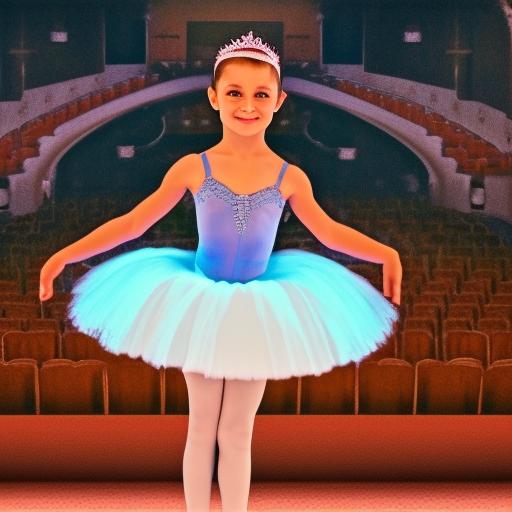 create an image in ebook format with a ballerina girl watching a magical light and a stage inside a beautiful theater