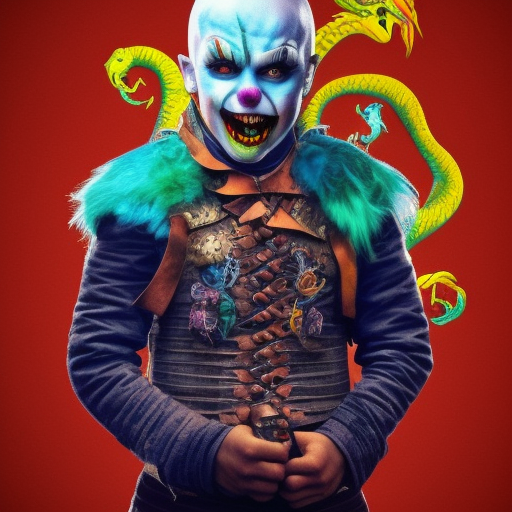 badass young angry clown on a dragon from game of thrones with colorful clothes from further perspective