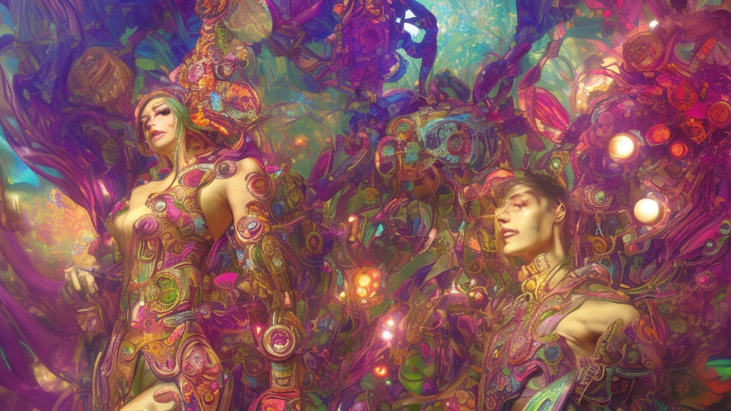 An extremely psychedelic experience, colorful, surreal, dramatic lighting, magic mushrooms, psilocybin, LSD, mecha face, detailed, intricate, elegant, highly detailed, digital painting, artstation, concept art, smooth, sharp focus, illustration, art by Marco Plouffe, Krenz Cushart and Artem Demura and alphonse mucha