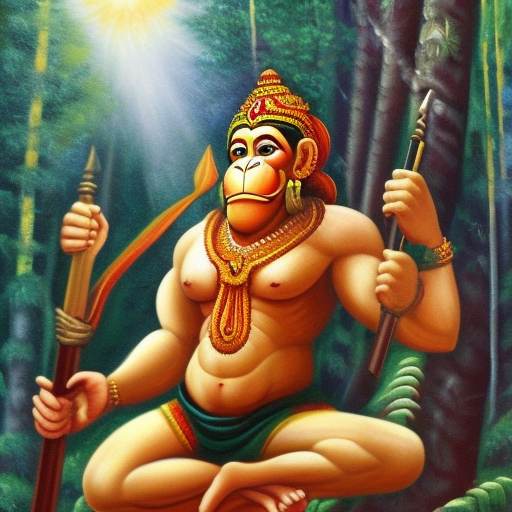 I want to make a oil painting which shows lord hanuman in a forest ambuance with a bright aura sun behind his head. holding a mountain on one hand and his weapon on other hand. Masculine build raiding dominance with a calm face. Body built like a body builder showing most of the muscles. Face looks like a man but a little hints of monkey. Wearing red shorts as worn by people in ancient india.
