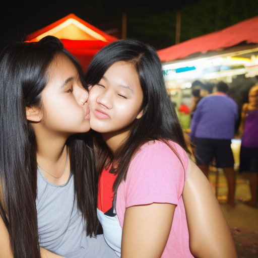 two teenage malaysia girl kissing in night market 