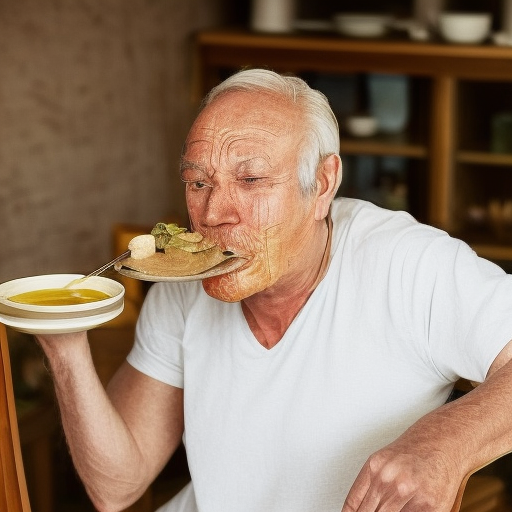 Create an image of a 60-year-old man sitting on a wooden chair and eating soup. Marks the passage of time on his face and makes it with a hyperrealistic and cinematographic style