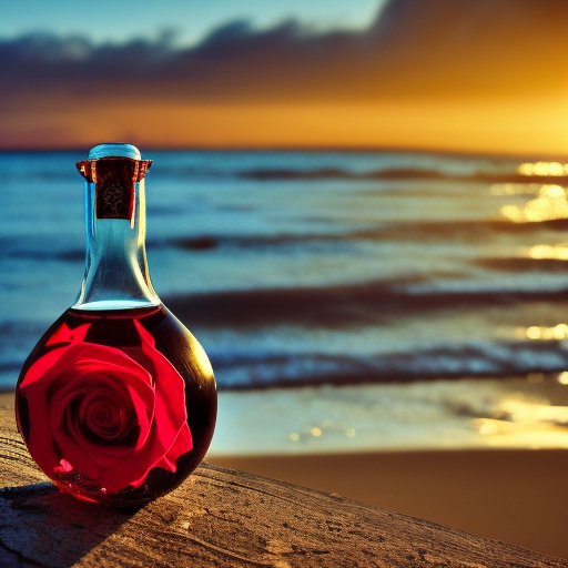 red rose in a beautiful glasbottle on a beach with soap bubbles in the sky, in the background blue See with great waves an a mystical Sunset with rays