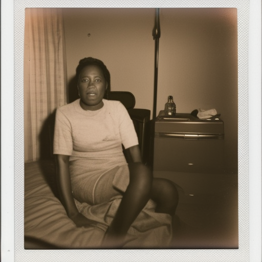 A polaroid photo of an African American woman leaning forward, sitting on a bed in a motel room with a suitcase full of money behind her