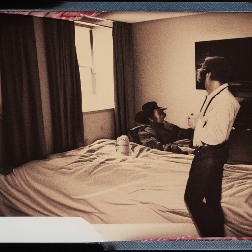 Long shot, Polaroid photo, cowboy watching TV in run down motel room with dirty bed