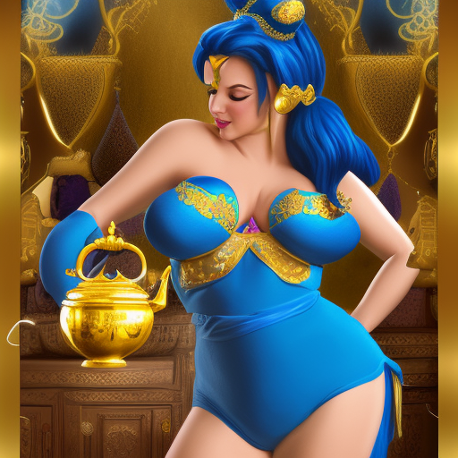 Realistic, high-quality, detailed, 8k, photorealistic, ultrarealistc, massive breasted, Female genie with extremely revealing genie outfit holding her itty-bitty golden magic teapot that has purple smoke leading directly out of the spout to her hips, stuning fantasy photograph, render of a female genie, beautiful photo of a fairytale, blue djinn, fantasy photography, beautiful genie girl, jinn