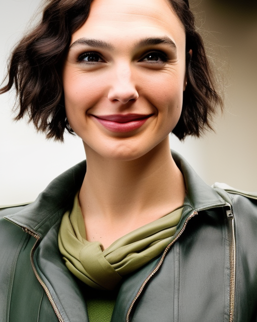 headshot of a smiling, gal gadot, she is wearing a leather bomber cap on her head, she is also wearing an a 2 flight jacket, a long green wool scarf is wrapped around her neck